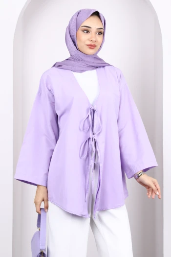 Lila Ön Bağlamalı Kimono Tunik