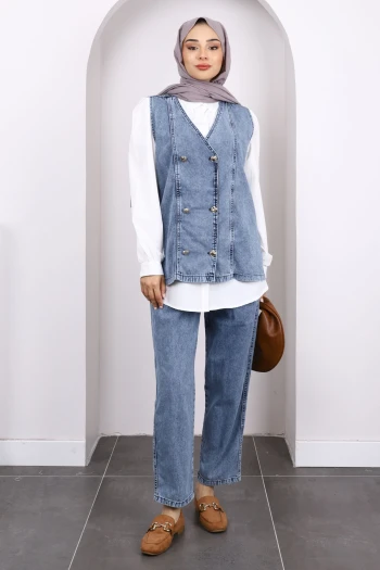 Mavi Gömlek Yelek Pantolonlu 3'Lü Kombin Takım