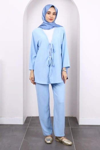 Mavi Ön Bağlamalı Bürümcük Kimono Pantolonlu Takım