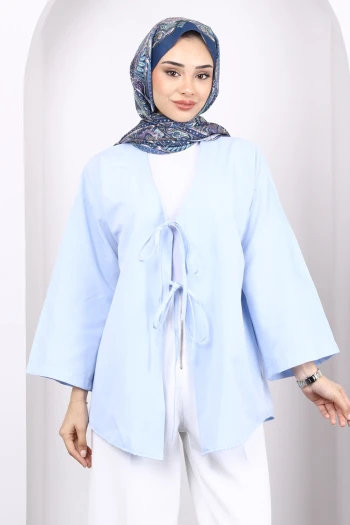 Mavi Ön Bağlamalı Kimono Tunik