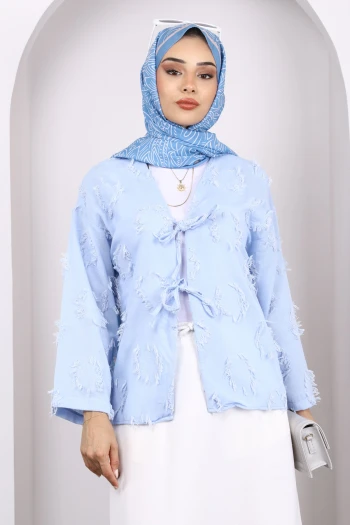 Mavi Ön Bağlamalı Püsküllü Kimono