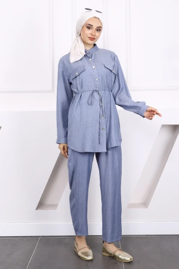 Mavi Taşlı Tunik Pantolon Takım