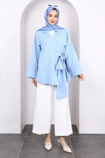 Mavi Yan Bağlamalı Kimono