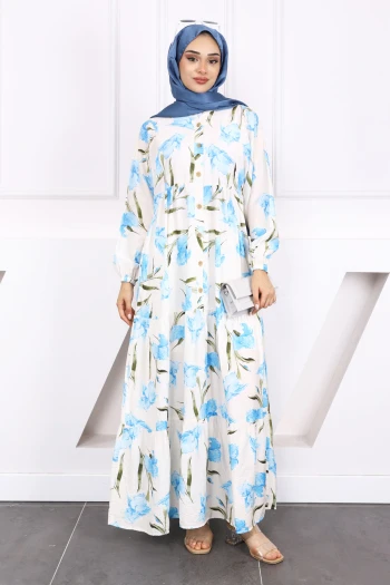 Mavi Yarım Düğmeli Eteği Katlı Desenli Elbise