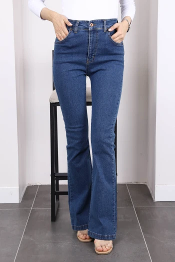 Mavi Yüksek Bel İspanyol Paça Jeans Pantolon