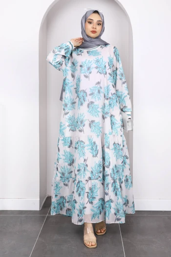Mint Desenli Şifon Elbise