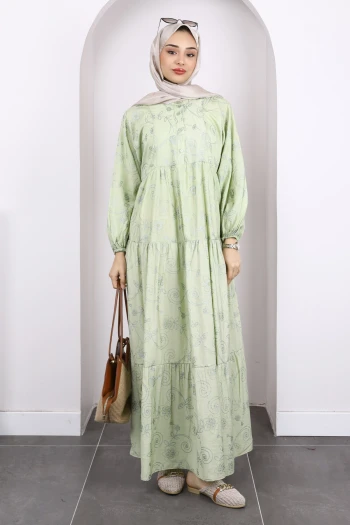 Mint Yeşili Desenli Yarım Düğmeli Kol Lastikli Elbise