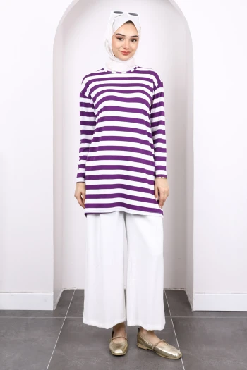 Mor Çizgili Uzun Kol Tunik