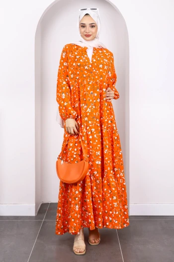 Orange Yarım Düğmeli Eteği Katlı Elbise