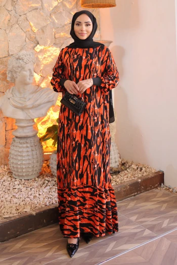 Oranj Desenli Eteği Katlı Viscon Elbise