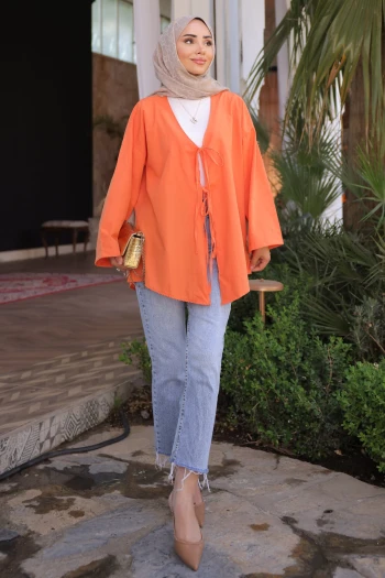 Oranj Ön Bağlamalı Kimono Tunik