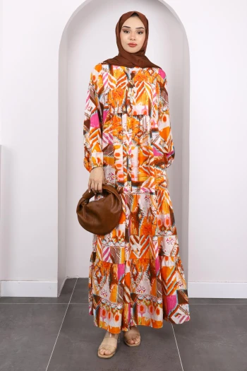 Oranj Yarım Düğmeli Eteği Katlı Desenli Elbise
