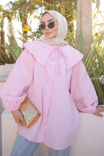 Pembe Bebe Yaka Balon Kol Gömlek