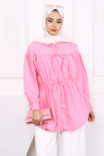 Pembe Bel Lastikli Düğmeli Tunik