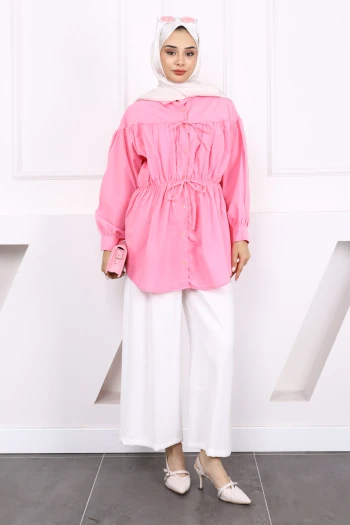 Pembe Bel Lastikli Düğmeli Tunik