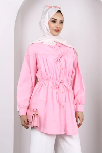 Pembe Bel Lastikli Düğmeli Tunik