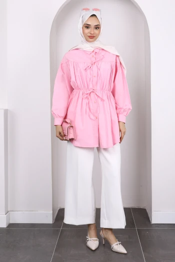 Pembe Bel Lastikli Düğmeli Tunik