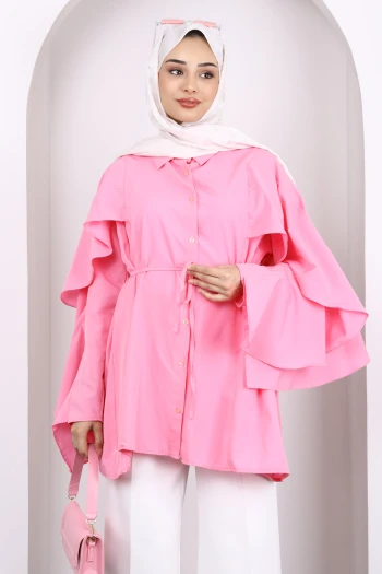 Pembe Beli İpli Volanlı Tunik