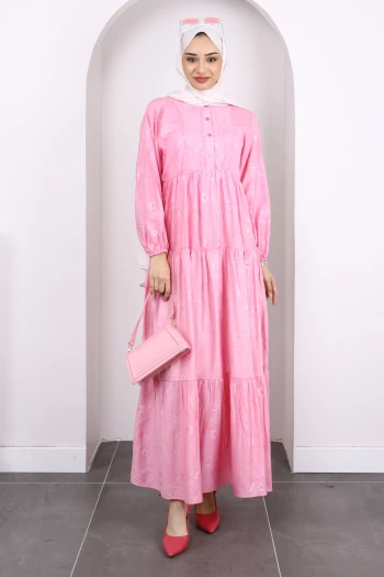 Pembe Desenli Yarım Düğmeli Kol Lastikli Elbise