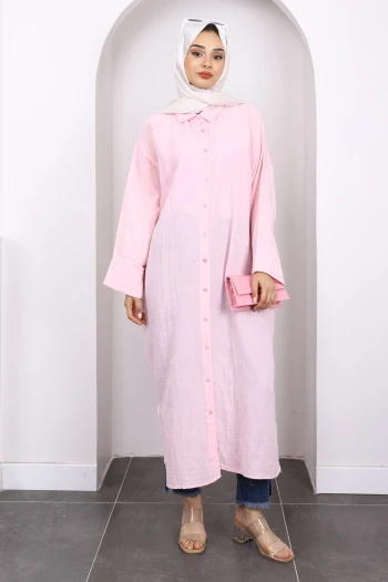 Pembe Düğmeli Müslin Tunik
