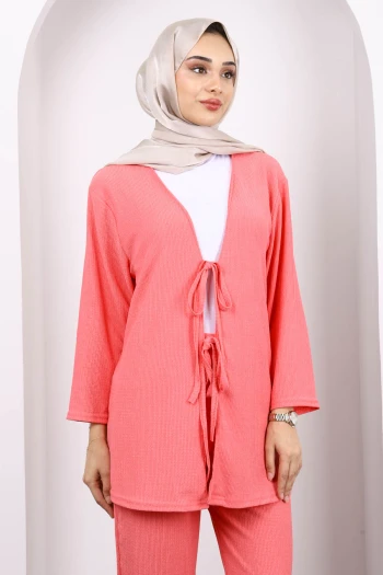 Pembe Ön Bağlamalı Bürümcük Kimono Pantolonlu Takım
