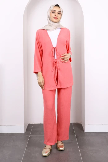 Pembe Ön Bağlamalı Bürümcük Kimono Pantolonlu Takım