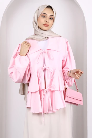 Pembe Ön Bağlamalı Katlı Tunik