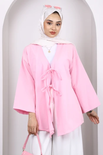 Pembe Ön Bağlamalı Kimono Tunik