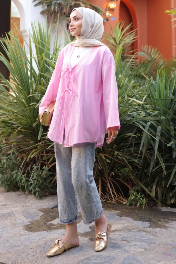 Pembe Ön Bağlamalı Kimono Tunik