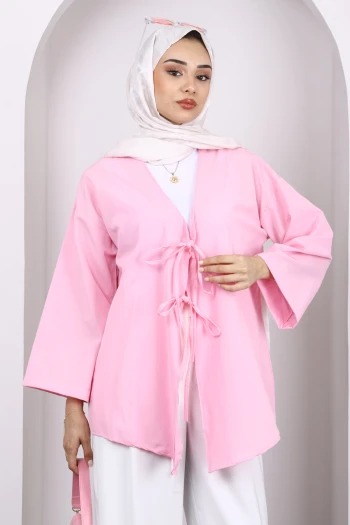 Pembe Ön Bağlamalı Kimono Tunik