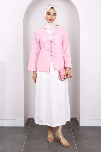 Pembe Ön Bağlamalı Püsküllü Kimono