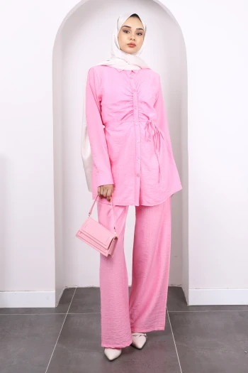Pembe Ön Drapeli Tunik Pantolonlu Takım
