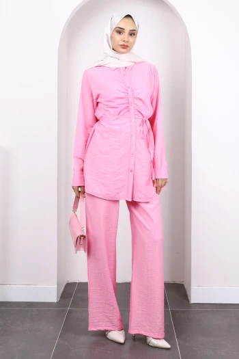 Pembe Ön Drapeli Tunik Pantolonlu Takım