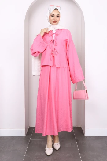 Pembe Önü Bağlamalı Kimono Etekli Takım