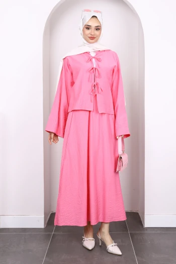 Pembe Önü Bağlamalı Kimono Etekli Takım