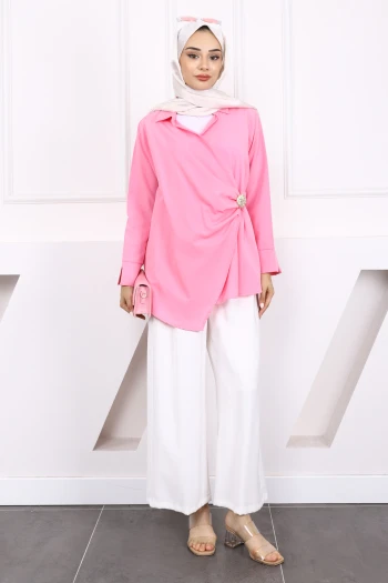 Pembe Toka Detaylı Kimono