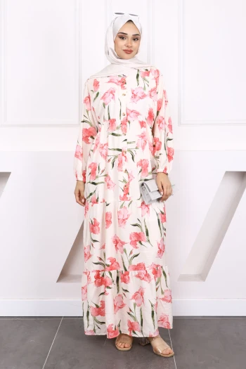 Pembe Yarım Düğmeli Eteği Katlı Desenli Elbise