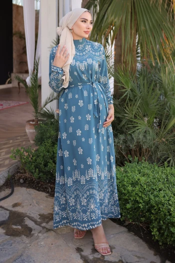 Petrol Mavisi Desenli Eteği Katlı Viscon Elbise