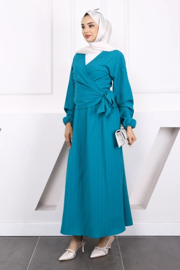 Petrol Yeşili Yan Bağlamalı  Bluz Etekli Takım