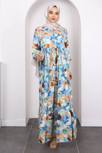 Saks Mavi Yarım Düğmeli Eteği Katlı Desenli Elbise