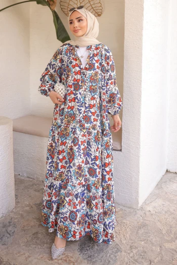 Saks Mavi Yarım Düğmeli Eteği Katlı Elbise