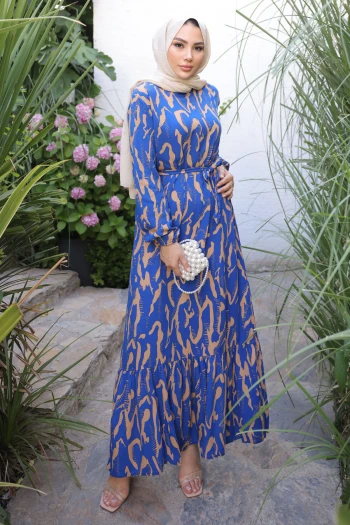 Saks/Vizon Desenli Eteği Katlı Viscon Elbise