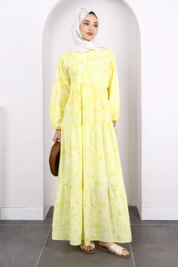 Sarı Desenli Yarım Düğmeli Kol Lastikli Elbise