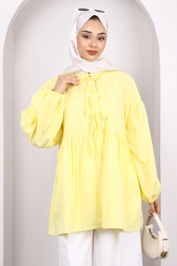 Sarı Kol Lastikli Ön Düğmeli Tunik