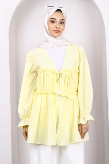 Sarı Ön Bağlamalı Fırfırlı Kimono