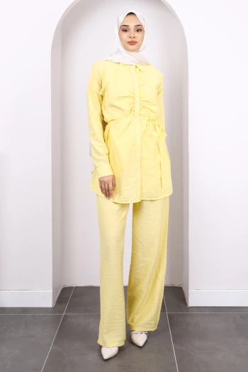 Sarı Ön Drapeli Tunik Pantolonlu Takım
