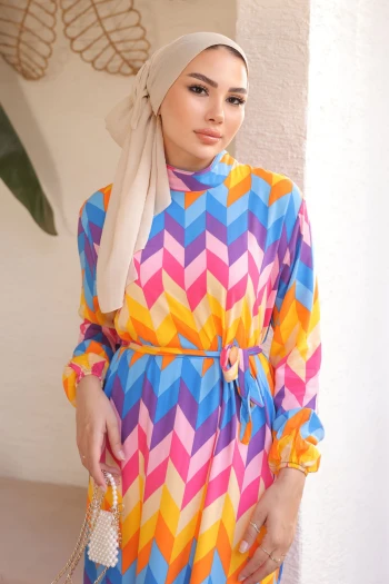 Sarı Saks Mavisi Desenli Eteği Katlı Viscon Elbise