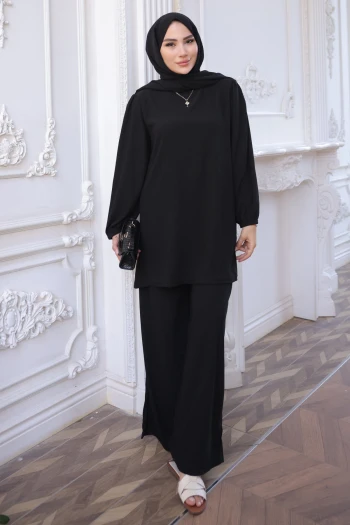 Siyah Bürümcük Tunik Pantolonlu Takım