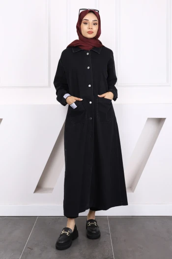 Siyah Cepli Düğmeli Kot Kap