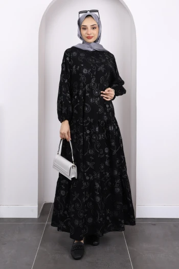 Siyah Desenli Yarım Düğmeli Kol Lastikli Elbise
